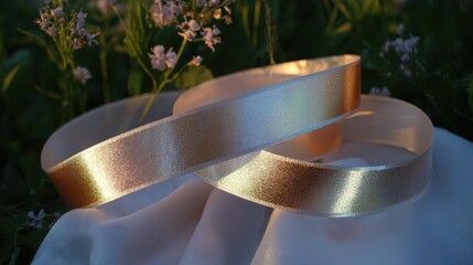 Elegant Golden Ribbons on Soft Fabric with Delicate Flowers