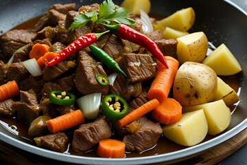 Close-Up of a Spicy Beef and Vegetable Stew with Fresh Chilies