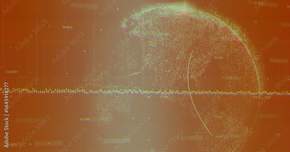 Poster digital globe hovering on data dashboard with dotted line, multicolored points and numeric labels