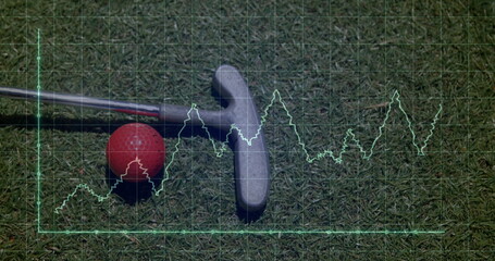 Featuring putter head and shaft resting beside red golf ball on putting green with glowing waveform