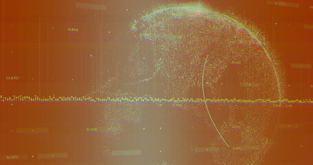 Digital globe hovering on data dashboard with dotted line, multicolored points and numeric labels