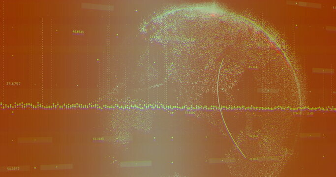 Digital globe hovering on data dashboard with dotted line, multicolored points and numeric labels