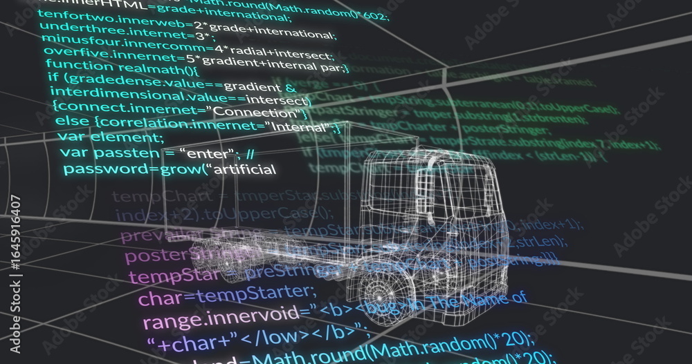 Poster showing 3d truck wireframe floating in virtual workspace grid, with overlaid code text