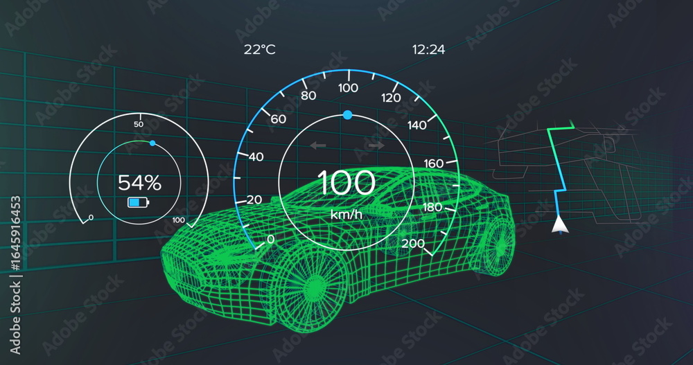 Poster displaying green wireframe car moving in virtual lab with speedometer and navigation map displays