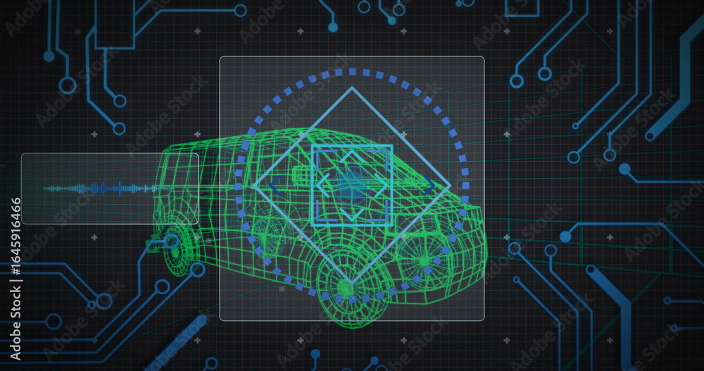 Poster 3d green wireframe car model hovering in virtual dashboard interface, with ui panels, circuit lines