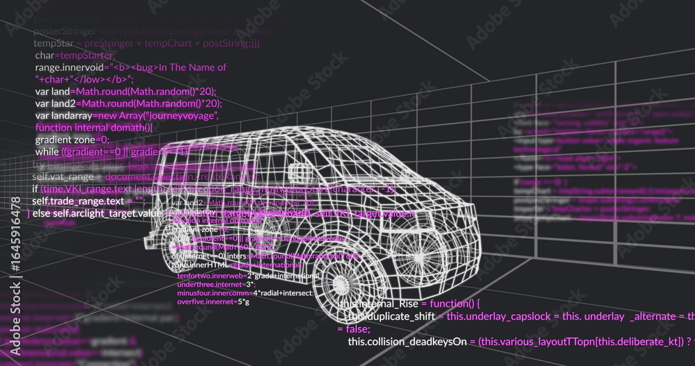 Poster displaying wireframe van model rotating on dark workspace, with code lines and perspective grid