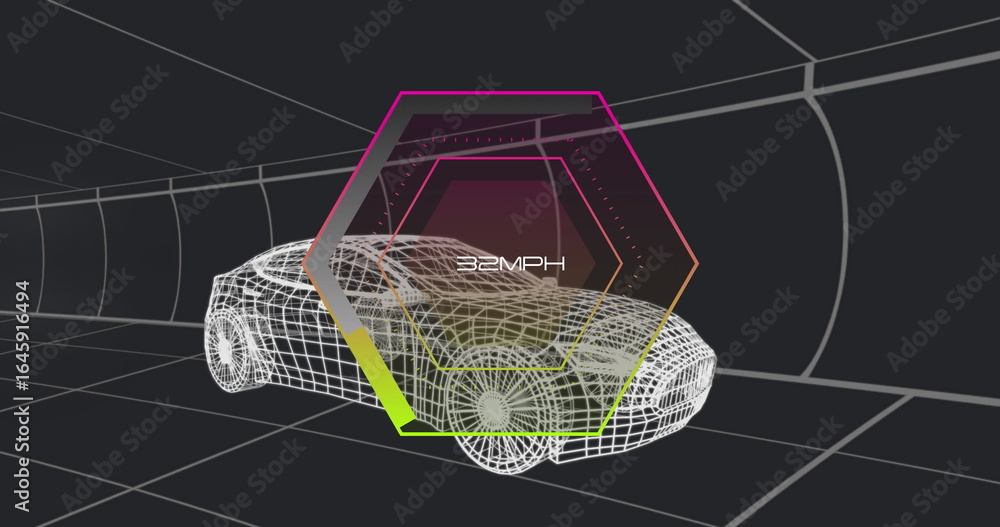 Poster showing wireframe sports car model speeding through virtual tunnel, with hexagonal speed indicator
