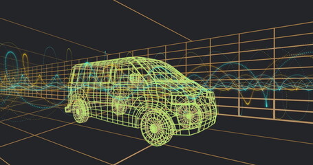 Displaying 3D wireframe SUV model glowing neon lines in virtual grid chamber, with waveform graphs