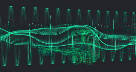 Floating wireframe semi-truck trailer within dark 3D grid space, with waveforms and vertical spikes