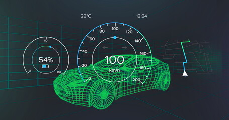 Displaying green wireframe car moving in virtual lab with speedometer and navigation map displays
