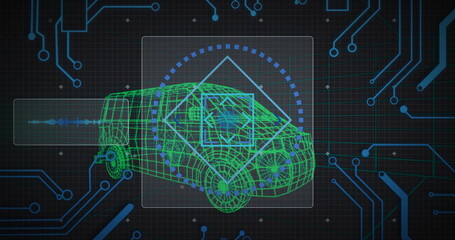 3D green wireframe car model hovering in virtual dashboard interface, with UI panels, circuit lines