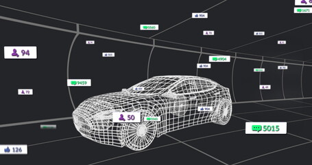 Rendering wireframe car model cruising in grid tunnel, with follower avatars and like comment icons