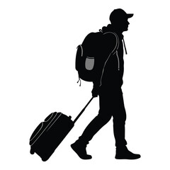 Silhouette vector art of silhouette of a traveler with a backpack and suitcase walking, isolated on white background