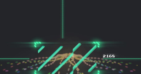 Displaying six neon cyan bars crossing green crosshair in digital interface, with pastel particles