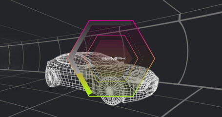 Showing wireframe sports car model speeding through virtual tunnel, with hexagonal speed indicator