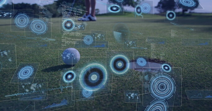 Golfer in sportswear aligning putter between golf ball, hole cup on putting green, with blue HUD