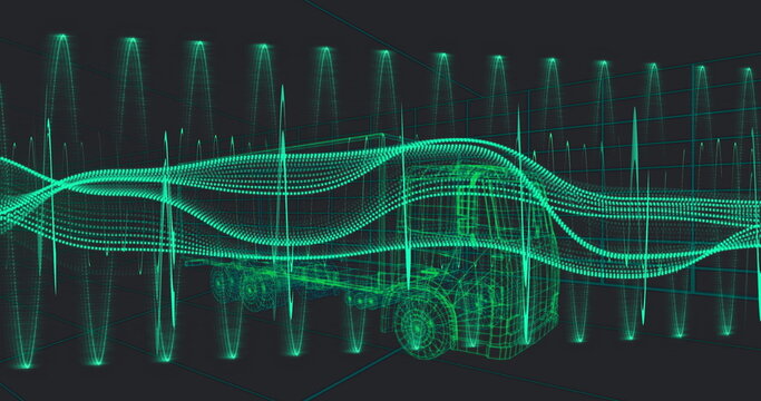 Fototapeta Floating wireframe semi-truck trailer within dark 3D grid space, with waveforms and vertical spikes
