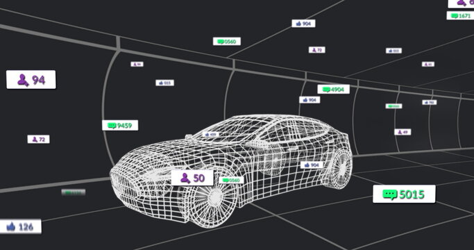 Rendering wireframe car model cruising in grid tunnel, with follower avatars and like comment icons