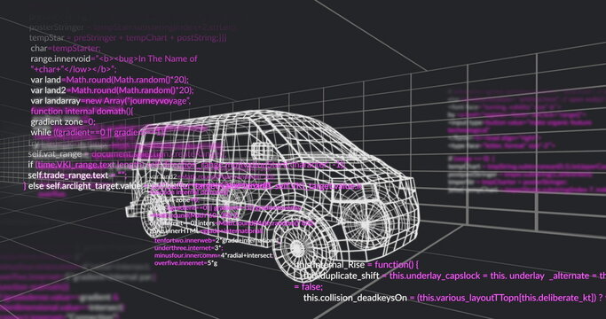 Displaying wireframe van model rotating on dark workspace, with code lines and perspective grid - Powered by Adobe