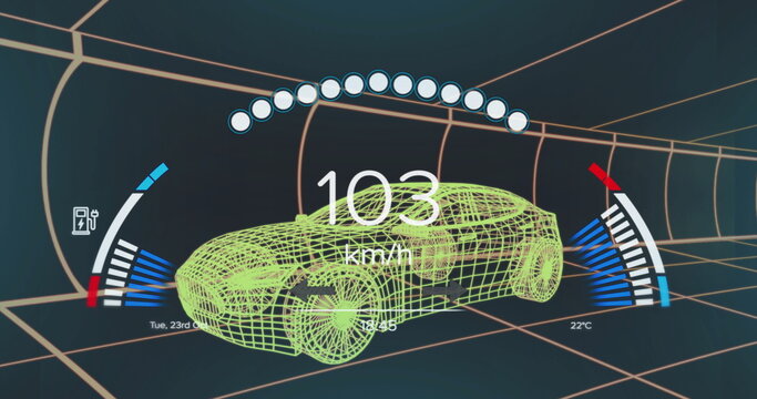 Displaying green wireframe car traveling in neon grid tunnel HUD, with speed meter and gauge icons