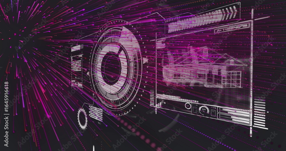 Poster overlaying hud interface in cyberspace, showing circular graphic, wireframe panel and data bars