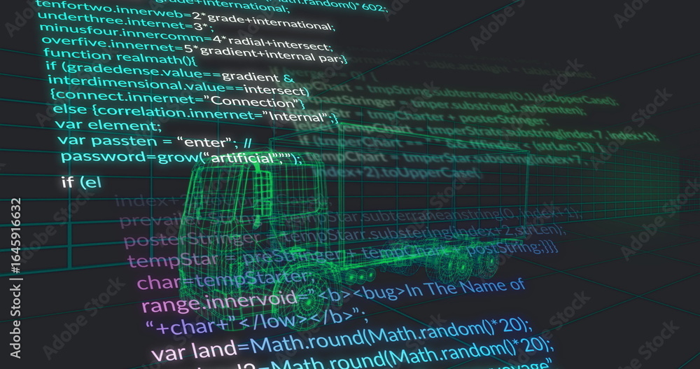 Poster displaying 3d wireframe truck model glowing in code editor workspace with code text and grid plane