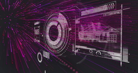 Overlaying HUD interface in cyberspace, showing circular graphic, wireframe panel and data bars