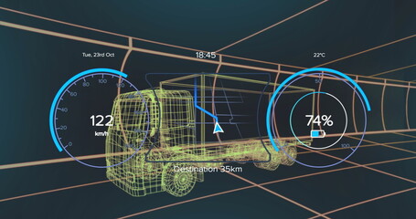 Displaying wireframe truck driving in virtual grid tunnel, with HUD speed, battery, route info