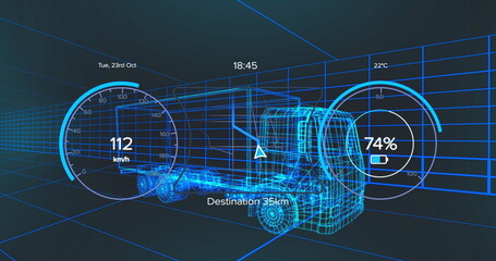 Displaying wireframe semi-truck model in grid tunnel, with speedometer battery and navigation arrow
