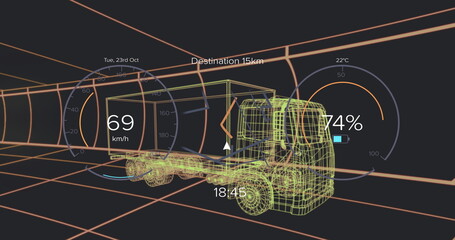 Displaying wireframe semi truck and trailer moving inside grid tunnel, with HUD gauges and arrow