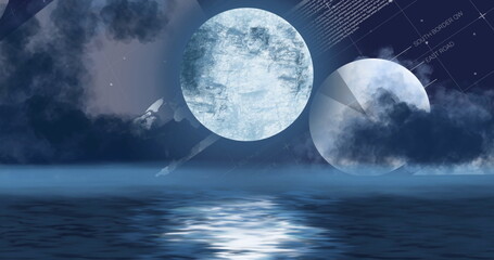 Shining large textured luminous moon hovering over calm ocean horizon at night, with grid labels