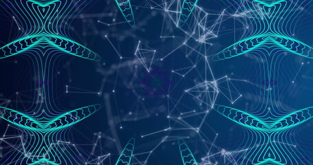 Showing network evolving in virtual display, with white nodes, connecting lines and teal contours