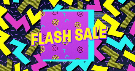 Showing turquoise frame enclosing purple panel in design, with FLASH SALE text, neon zigzag shapes
