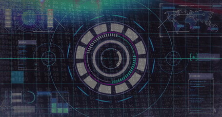 Presenting circular HUD in cyberspace with binary code overlay, grids, reticles, panels, world map