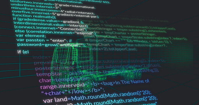 Displaying 3D wireframe truck model glowing in code editor workspace with code text and grid plane