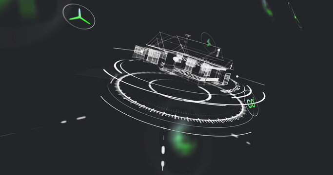 Floating 3D wireframe house model rotating in dark HUD, with neon-green icons and circular rings