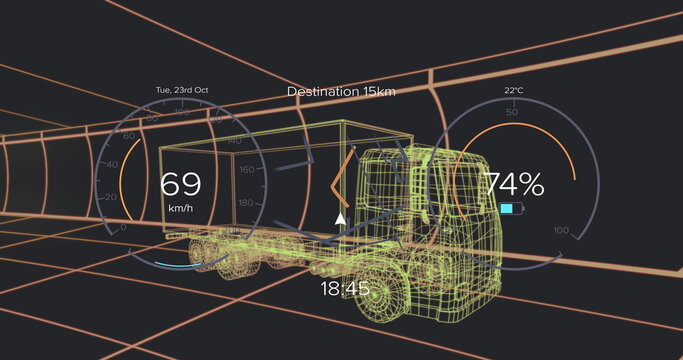 Displaying wireframe semi truck and trailer moving inside grid tunnel, with HUD gauges and arrow