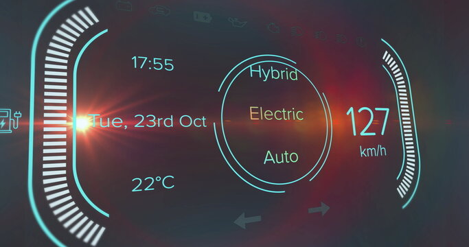 Projecting hybrid HUD onto windshield with 127km or h clock or date or 22°C, mode gauge bars, lens f