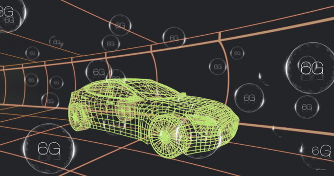 Fototapeta Driving neon green wireframe car through orange grid tunnel, with floating 6G spheres