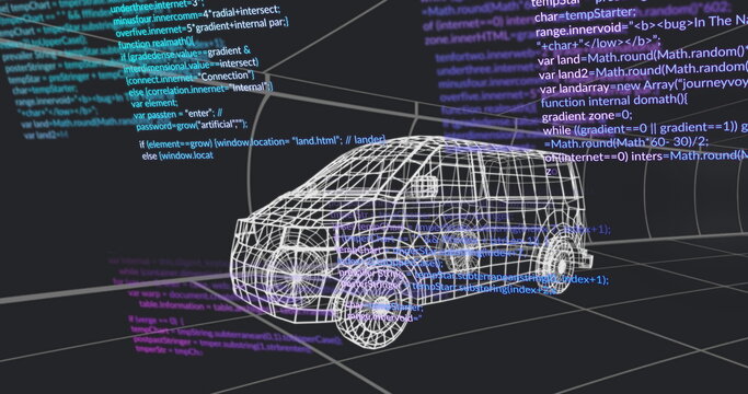 Rendering wireframe van model floating over dark grid floor in 3D workspace, with code lines - Powered by Adobe