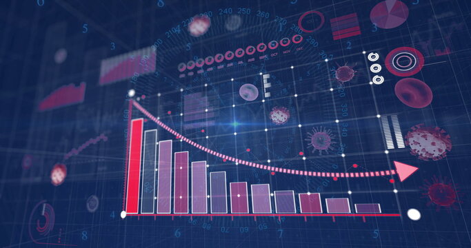 Showing red bar chart falling on blue grid dashboard, featuring dotted trend arrow and virus icons