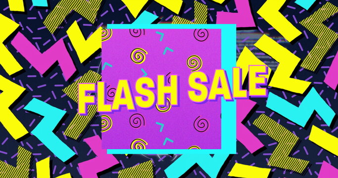 Showing turquoise frame enclosing purple panel in design, with FLASH SALE text, neon zigzag shapes - Powered by Adobe