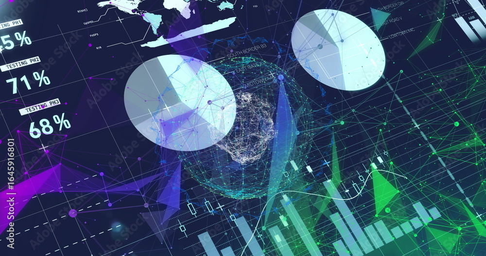 Poster spinning wireframe globe displaying nodes in digital dashboard, with pie charts and percent labels