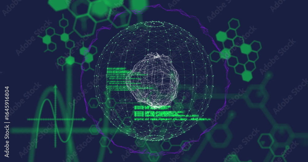 Poster wireframe globe rotating in data display, with green code panels, hexagon motifs, waveform graph