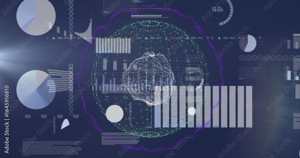 Poster displaying wireframe spherical network floating in analytics dashboard, with bar and pie charts
