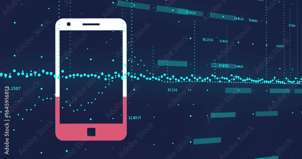 Poster floating phone silhouette showing cyan dots teal bars numeric labels, in data dashboard, copy space