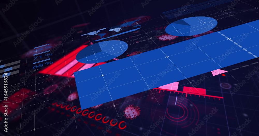 Poster displaying data view on digital panel, featuring bar chart, world map and virus icons