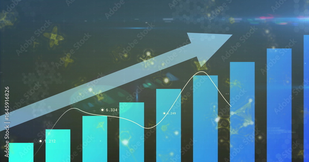 Poster presenting vertical bar chart illustrating rising data on digital dashboard, with molecular motifs