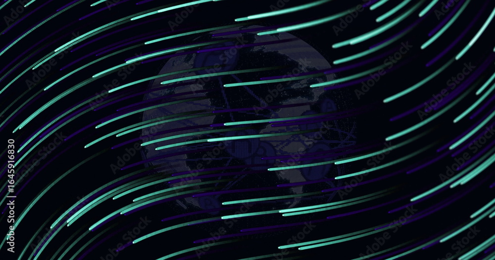 Aufkleber displaying stylized earth globe glowing in digital network, with luminescent streaks and node lines