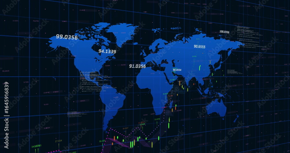Poster displaying blue world map showing candlesticks and line graphs on dark data screen, numeric values